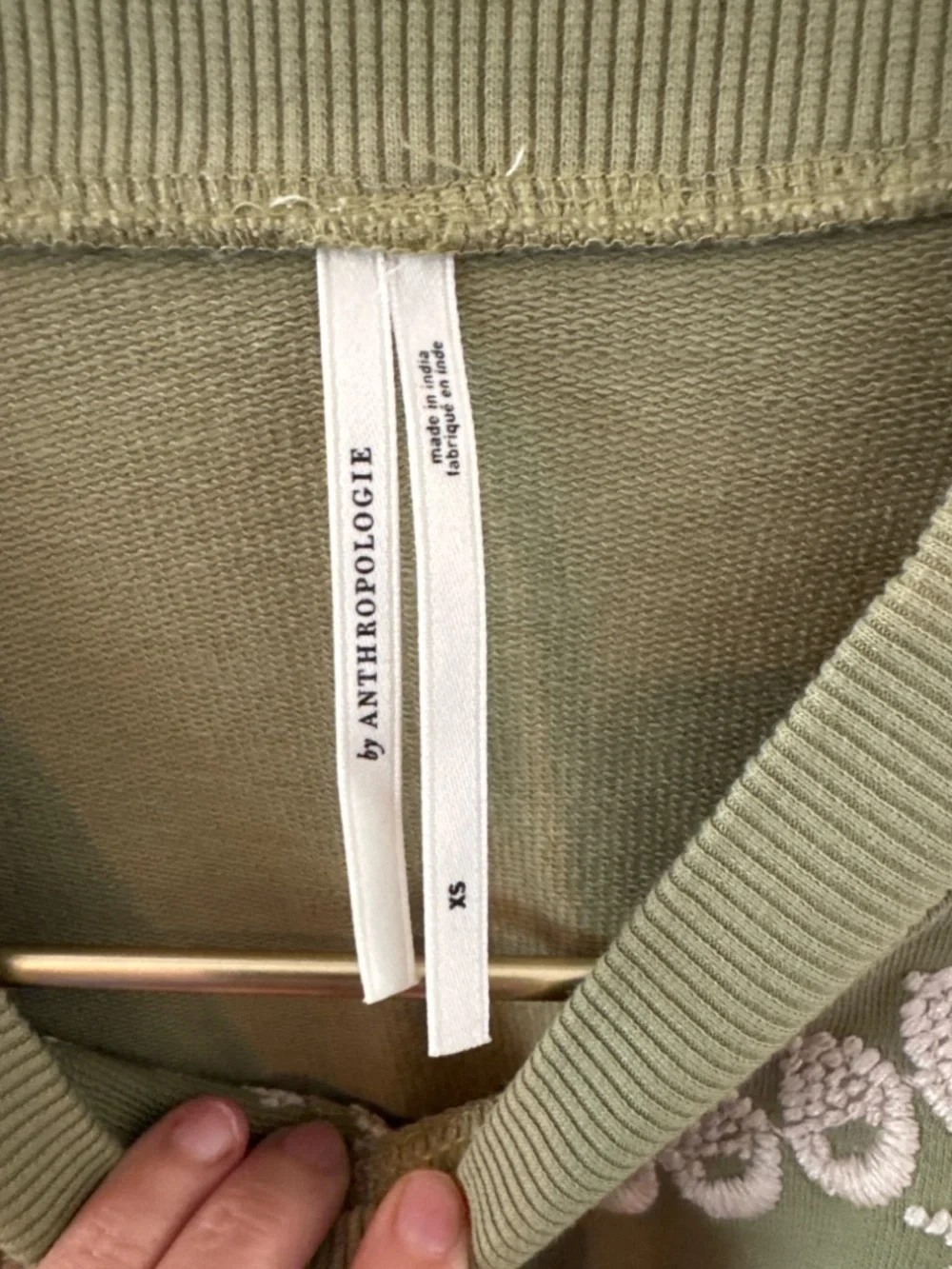 Anthropologie Olive Green Puff Sleeve Embroidered Sweatshirt